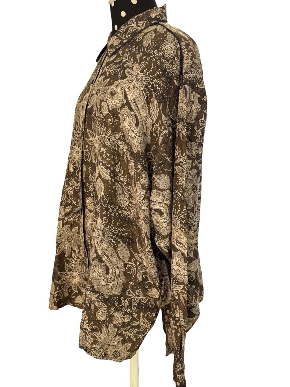Vintage Anna & Frank Silk Paisley Floral Blouse XL Brown Tan Contrast Piping - Picture 2 of 15